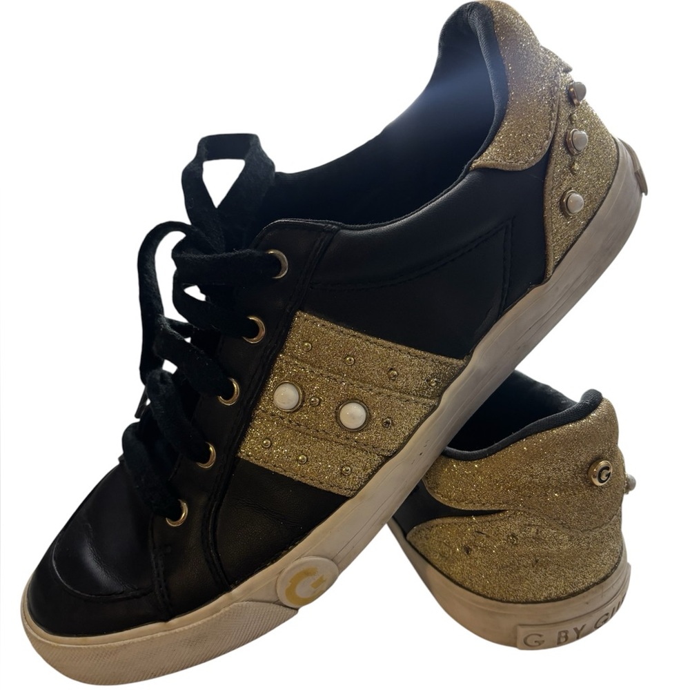 G by Guess Women’s Size 9 US Black Gold Glitter Studded Fashion Sneakers Shoes